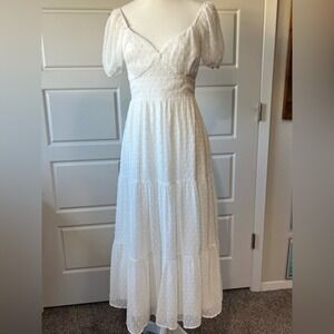 White Swiss Dot Maxi‎ Dress Sweetheart Neckline Tiered Cottagecore Boho